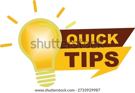 Quick tips banner with glowing yellow lightbulb icon, creative idea and advice sign for tutorial, helpful hints and trick badge, knowledge sharing vector on white