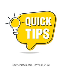 Quick Tips banner with light bulb and speech bubble vector illustration isolated on white background.