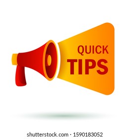 Quick tips banner template with loudspeaker. Yellow sticker with red megaphone. Can be used for leaflets, brochures, announcements