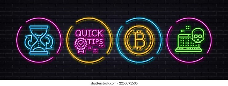 Quick tips, Bitcoin and Hourglass minimal line icons. Neon laser 3d lights. Cyber attack icons. For web, application, printing. Helpful tricks, Cryptocurrency coin, Sand watch. Vector
