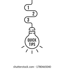 quick tips with bulb and list of facts. linear modern logotype element graphic simple banner design isolated on white background. concept of fundamentals or basis knowledge or creative learn and guide