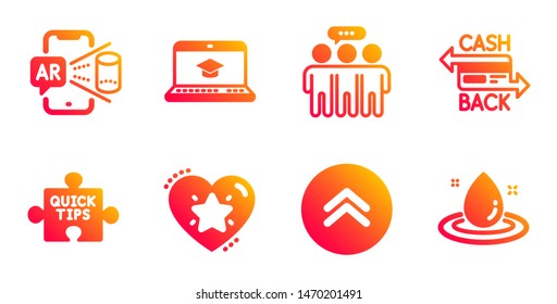 Quick tips, Cashback card and Swipe up line icons set. Website education, Augmented reality and Ranking star signs. Employees group, Fuel energy symbols. Tutorials, Money payment. Vector
