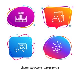 Quick Tips, Chemistry Lab And Hospital Building Icons Simple Set. Face Biometrics Sign. Helpful Tricks, Medical Laboratory, Medical Help. Facial Recognition. Science Set. Speech Bubble Quick Tips Icon