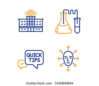 Quick tips, Chemistry lab and Hospital building icons simple set. Face biometrics sign. Helpful tricks, Medical laboratory, Medical help. Facial recognition. Science set. Linear quick tips icon