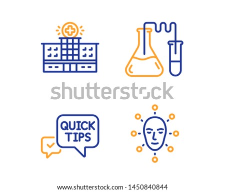 Quick tips, Chemistry lab and Hospital building icons simple set. Face biometrics sign. Helpful tricks, Medical laboratory, Medical help. Facial recognition. Science set. Linear quick tips icon