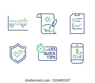 Quick tips, Confirmed and Column diagram line icons set. Report document, Creative painting and Mobile finance signs. Helpful tricks, Accepted message, Sale statistics. Statistics file. Vector