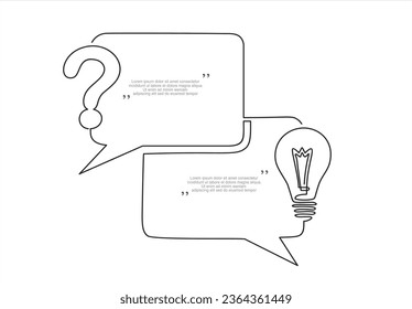 Quick tips. Continuous one line drawing of question mark, light bulb and speech bubbles. Trendy line art vector on a white background. Vector illustration.