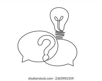 Quick tips. Continuous one line drawing of question mark, light bulb and speech bubbles. Trendy line art vector on a white background. Vector illustration.