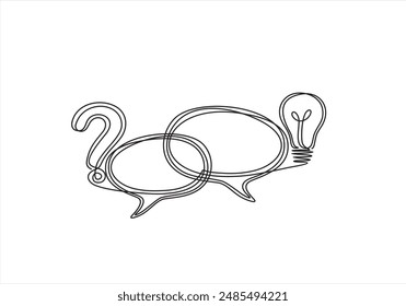 Quick tips. Continuous one line drawing of question mark, light bulb and speech bubbles. Trendy line art vector on a white background. Vector illustration. Hand drawn one line vector.	
