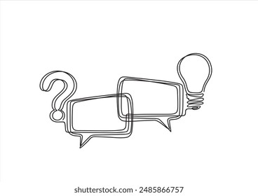 Quick tips. Continuous one line drawing of question mark, light bulb and speech bubbles. Trendy line art vector on a white background. Vector illustration. Hand drawn one line vector.	
