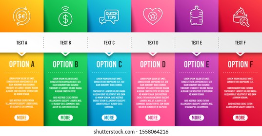 Quick tips, Cooler bottle and Contactless payment line icons set. Infographic timeline. Money currency, Heart and Collagen skin signs. Helpful tricks, Water drink, Financial payment. Vector