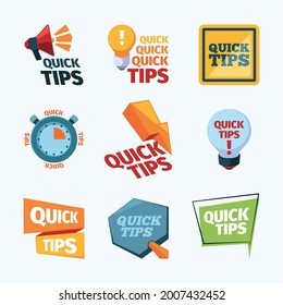 Quick tips. Creative promotional stickers label reinders with place for text think education messages garish vector ads quick tips collection