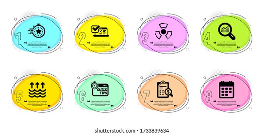 Quick tips, Data analysis and Calendar signs. Timeline infographic. Timer, Accounting report and Chemical hazard line icons set. Online survey, Evaporation symbols. Vector