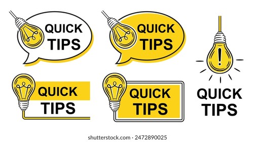 Quick tips, did you know, helpful advice, useful learning information icon set. Hint, expert help, important fact news. Speech bubble, electric light bulb. Idea, education knowledge. FAQ answer vector