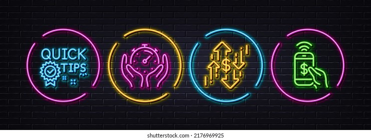 Quick tips, Dollar rate and Timer minimal line icons. Neon laser 3d lights. Phone payment icons. For web, application, printing. Helpful tricks, Currency changes, Deadline management. Vector