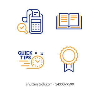 Quick tips, Education and Bill accounting icons simple set. Reward sign. Helpful tricks, Instruction book, Audit report. Best medal. Education set. Linear quick tips icon. Colorful design set. Vector