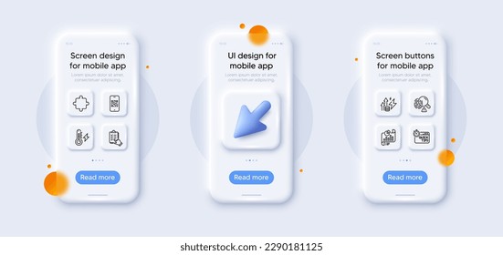 Quick tips, Electricity power and Qr code line icons pack. 3d phone mockups with cursor. Glass smartphone screen. Fingerprint, Checklist, Puzzle web icon. Vector