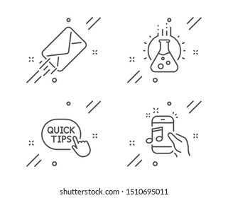 Quick tips, E-mail and Chemistry lab line icons set. Music phone sign. Helpful tricks, Mail delivery, Laboratory. Radio sound. Education set. Line quick tips outline icon. Vector