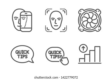 Quick tips, Face detection and Face biometrics icons simple set. Quickstart guide, Computer fan and Graph chart signs. Helpful tricks, Detect person. Science set. Line quick tips icon. Editable stroke
