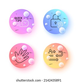 Consejos rápidos, bloqueo de huellas digitales y responsabilidad social iconos de línea mínimos. botones de esferas o bolas 3d. Iconos de ruta de viaje. Para web, aplicación, impresión. Vector