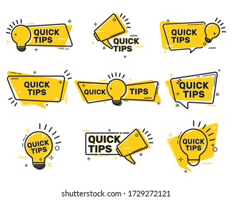 Quick tips flat labels collection. Tricks solution logos and helpful advices vector illustration set. Suggestion and reminder info concept