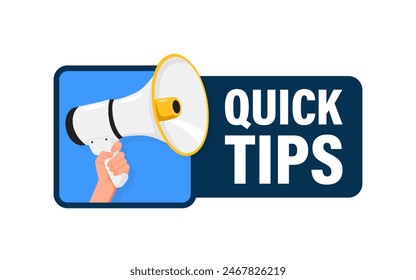 Quick tips. Hand hold megaphone speaker for announce. Attention please. Shouting people, advertisement speech symbol