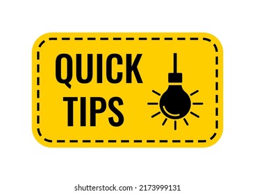 Quick tips with hanging light bulb badge vector icon. Expert note with black lightbulb and text quick tips. Simple retro template illustration for helpful advice, useful tricks, solution, information.