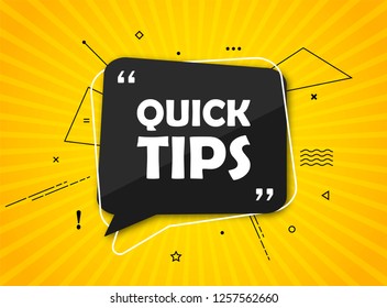 Quick tips, helpful tricks banner. Vector icon of solution. Black speech bubble with text on yellow radial striped background