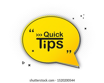 Quick Tips, Helpful Tricks. Banner With Useful Information. Colorful Tooltip, Hint For Website. Vector Icon Of Solution, Advice. Black - Yellow Speech Bubble On White Background With Halftone Effect