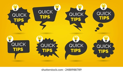 Quick tips helpful tricks emblem set. Banners quick tips badge with light bulb isolated vector illustration