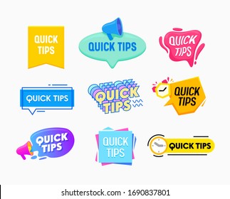 Quick Tips Helpful Tricks Emblems and Banners Set Speech Bubbles with Megaphone, Alarm Clock Isolated on White Background. Helpful Idea, Advice and Solution, Useful Hints. Cartoon Vector Illustration