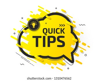 Quick tips, helpful tricks, hint. Tooltip with suggestion of help. Yellow banner with useful information, support, advice. Vector icon of solution, idea. Speech balloon in black frame with light bulb