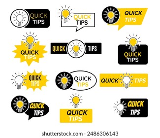 Quick tips helpful tricks icon set. Quick tips signs with light bulb isolated vector illustration