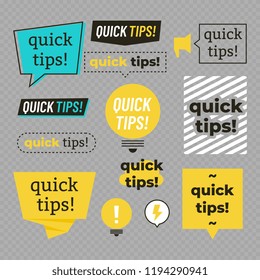 Quick tips, helpful tricks logos, emblems and banners vector set isolated on transparent background. Vector illustration