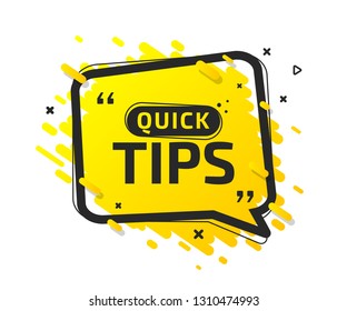 Quick tips, helpful tricks, tooltip, hint for website. Colorful banner with useful information, online support. Vector icon of solution, idea, advice. Yellow speech balloon in black frame with caption