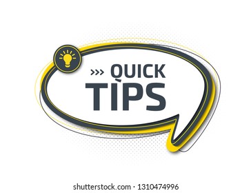 Quick tips, helpful tricks, tooltip, hint for website. Abstract banner with useful information, online support. Vector icon of solution, idea, advice. Speech balloon with inscription and light bulb