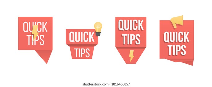 Quick tips, helpful tricks, tooltip, hint for website. Colorful banner with useful information. Speech bubble with text isolated on a white background. Advice and message, badge. Vector illustration.