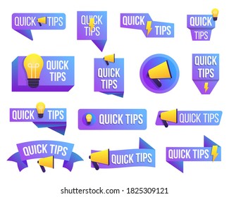 Quick tips, helpful tricks, tooltip, hint for website. Colorful banner with useful information. Speech bubble with text isolated on a white background. Advice and message, badge. Vector illustration.