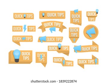 Quick tips, helpful tricks, tooltip, hint for website. Colorful banner with useful information. Speech bubble with text isolated on a white background. Advice and message, badge. Vector illustration.