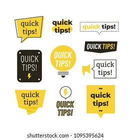 Quick tips, helpful tricks vector logos, emblems and banners vector set isolated. Helpful idea, solution and trick illustration