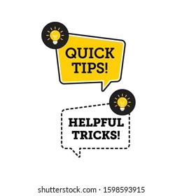 Quick tips, helpful tricks vector logo icon or symbol set with black and yellow color and lightbulb element suitable for web. emblems and banners vector set isolated