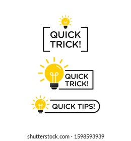 Quick tips, helpful tricks vector logo icon or symbol set with black and yellow color and lightbulb element suitable for web. emblems and banners vector set isolated