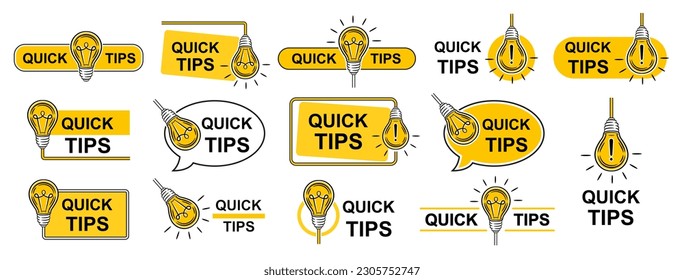 Quick tips, hint, helpful advice with electric light bulb, did you know, useful learning information for think icon set. Idea, expert help. FAQ answer. Fact, education knowledge speech bubble. Vector