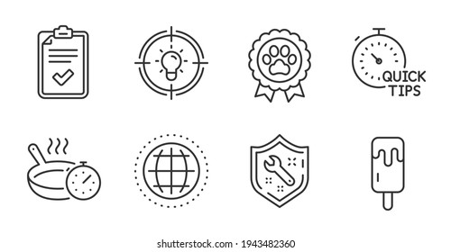 Consejos rápidos, Ice crema y iconos de línea de español. Pancarta de fritura, Idea y carteles de lista de verificación. Globe, símbolos de la competencia de perros. Trucos útiles, palo de Sundae, servicio de reparación. Conjunto de negocios. Vector