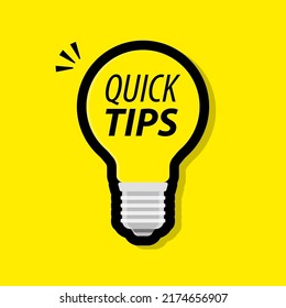 Quick tips icon badge. Top tips advice note icon. Idea bulb education tricks