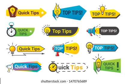 Quick tips icon set, information banner design. Information banner buttons. Vector flat style quick tips banner isolated on white background