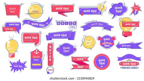 Quick tips icon set, information banner design. Helpful tricks speech bubbles. Graphic stickers ideas reminders quickly thinks solutions learning logos. Announcement with info