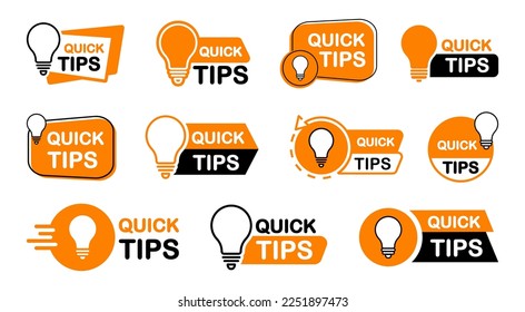 Quick tips icon set. Quick tips logo with light bulb. Helpful and top tips badges. Vector