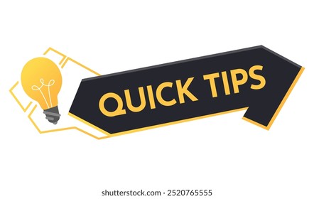 Quick tips icon or symbol with black and yellow color. Lightbulb element suitable for web. Vector illustration for helpful advice, tricks, solution or suggestion concept