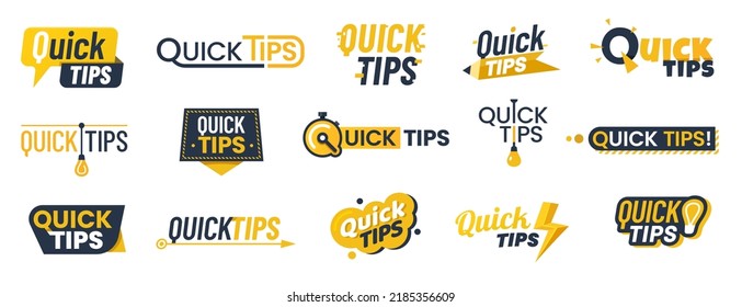 Quick tips icons, badges, advice and idea bulb or trick suggestions, vector symbols. Quick tips and useful information hint bubbles, help message stickers with lightbulb, arrow and stopwatch